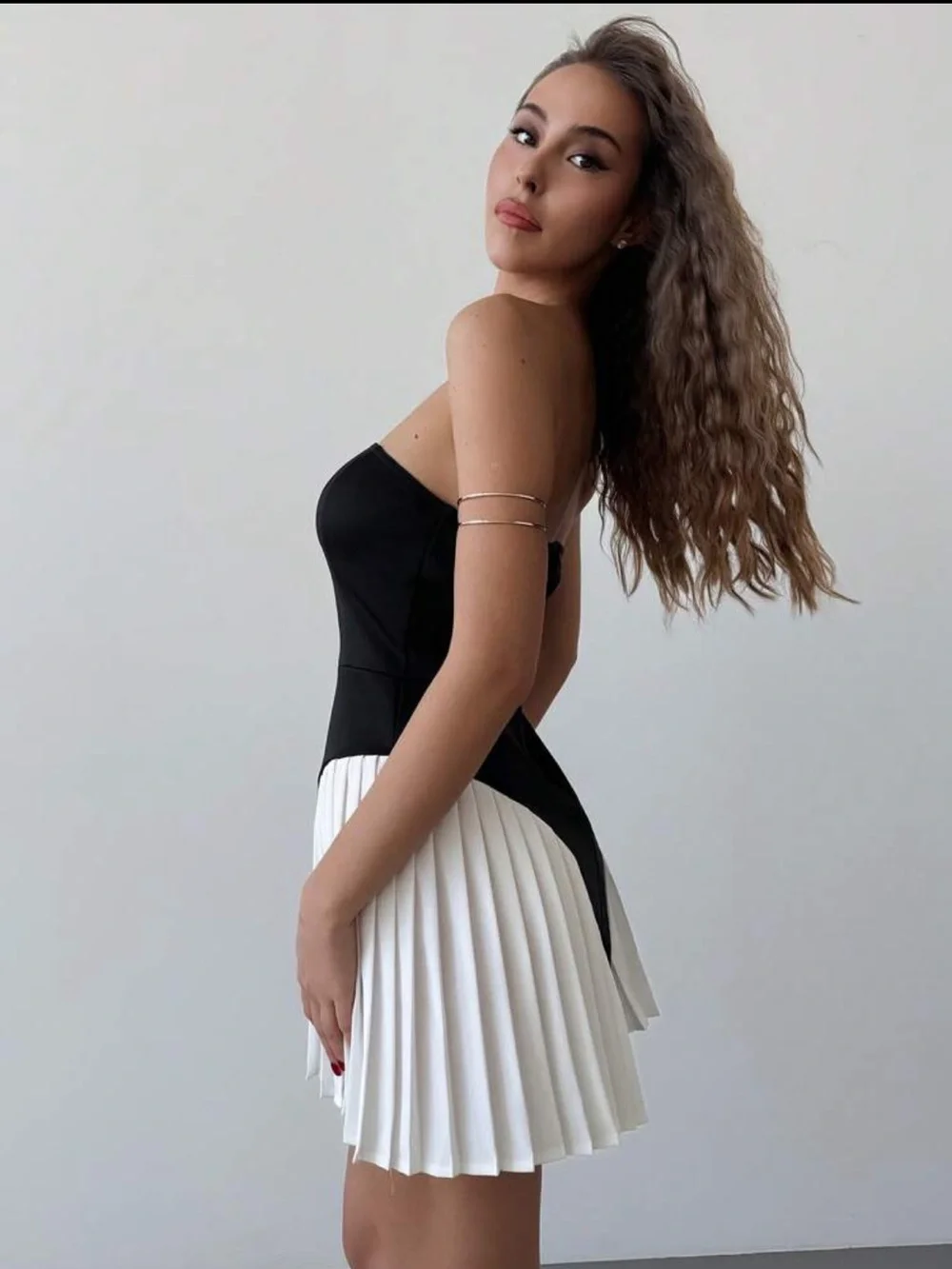Strapless Black & White Pleated Mini Dress - Picture 3 of 6